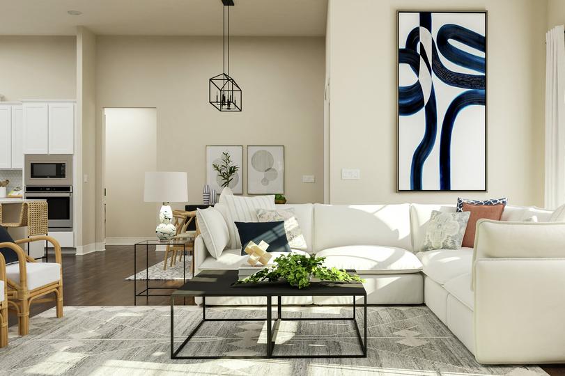 Rendering of living room area showing a
  white sectional couch and large windows, a coffee table, accent chairs, and a
  view of the kitchen and dining space in the background with dark wood look
  flooring throughout.