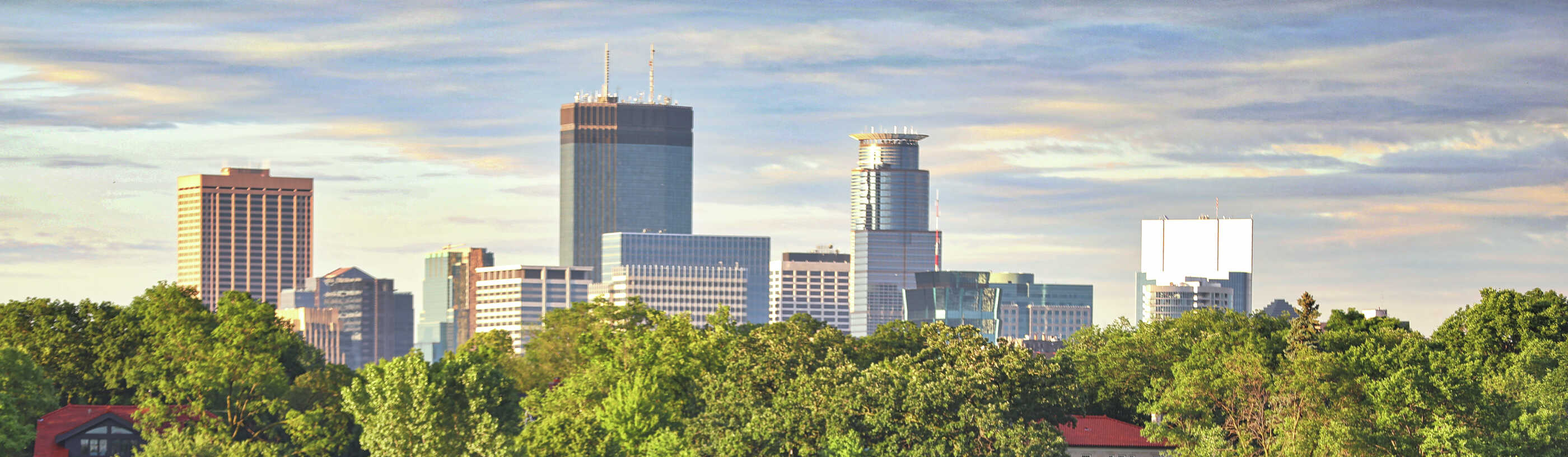 Minneapolis, Minnesota cityscape taken across the Mississippi River with overgrown trees, houses, and tall office buildings off in the distance