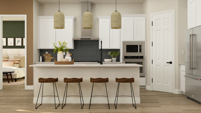 Rendering of the gorgeous kitchen in the Iris. The space has a large island with four barstools, white cabinetry, stainless steel appliances, tile backsplash and a vent hood.