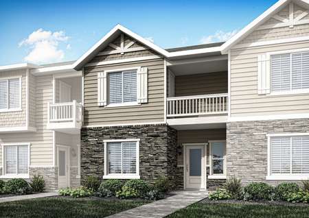 Rendering of an inside middle unit tonwhome built with siding, shake siding and stone.