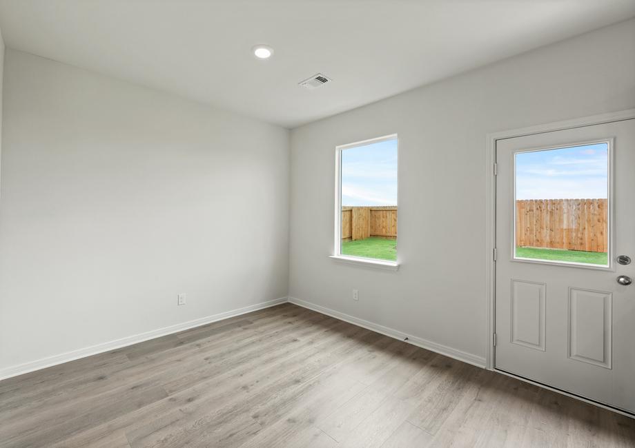 The dining room has a large window.