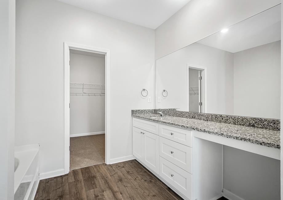 The master bathroom has a large vanity and walk in closet.