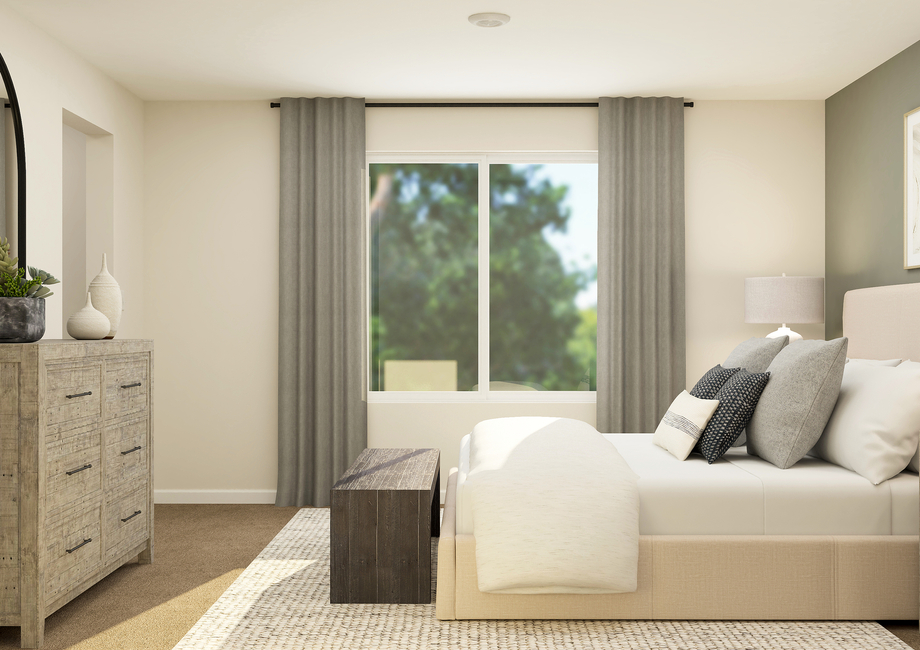 Rendering of a
  bedroom with a large white bed across from a large dresser. There is a large
  window next to the bed. 