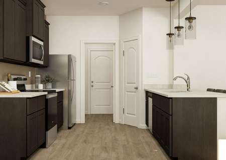 Rendering of the kitchen featuring dark
  wood cabinetry, stainless steel appliances and granite countertops.
