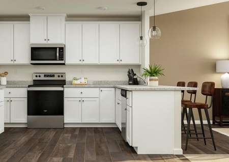 Rendering of the kitchen with vinyl plank
  flooring, white cabinetry and stainless steel appliances.