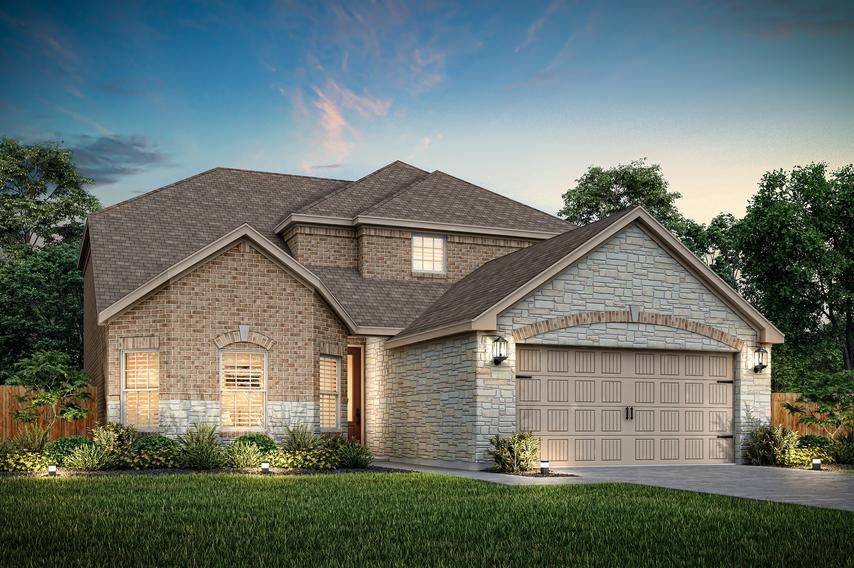 Dusk elevation rendering of the Martin with brick and stone.