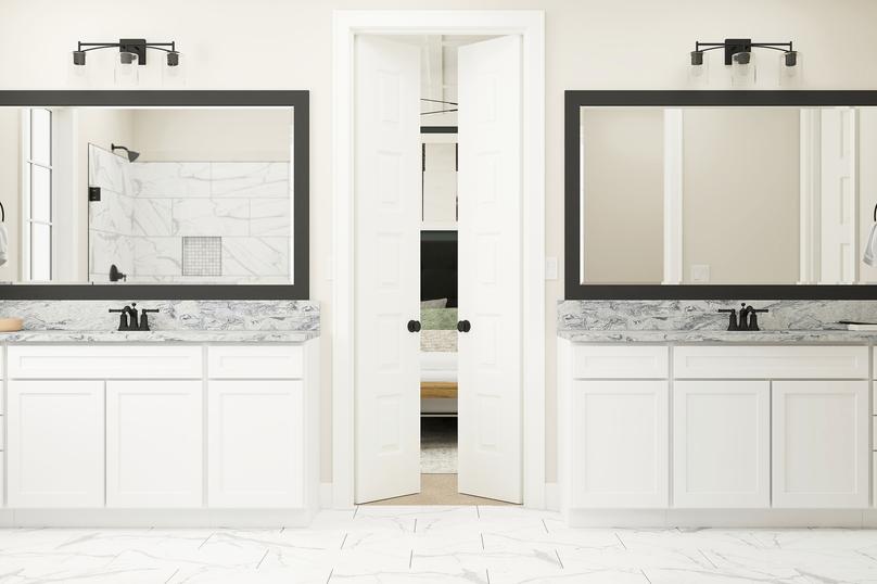 Rendering of master bathroom with two
  single-sink vanities with white cabinets.