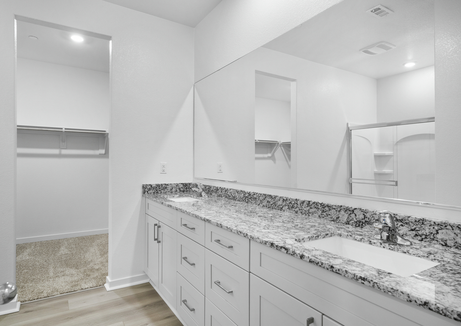 The master bathroom has a dual sink vanity and step in shower.