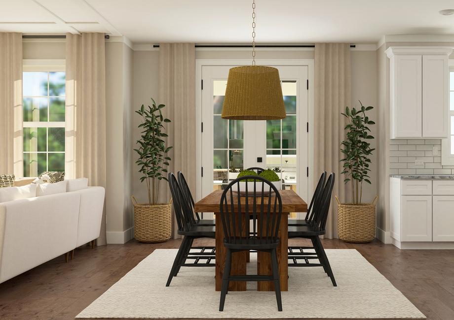 Rendering of dining room with a large
  wooden table and 6 dark chairs.Â Â 