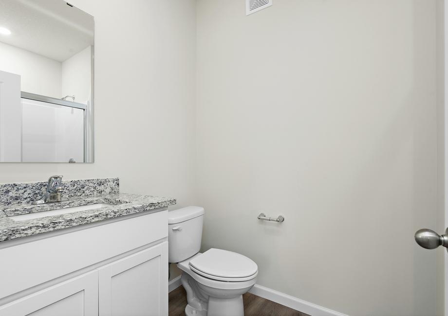 The master bathroom has a step in shower.