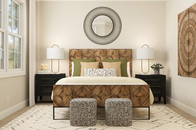 Rendering of a bedroom furnished with a
  large bed in between to dark side tables. This room is also furnished with
  wall dÃ©cor and two poufs at the end of the bed.Â 
