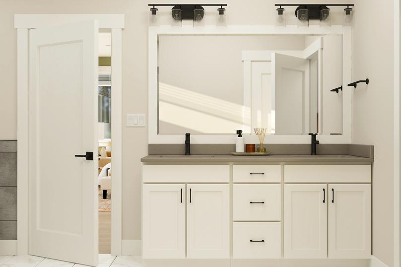 Rendering of the primary bathroom showing
  a double sink vanity with white cabinetry.Â 