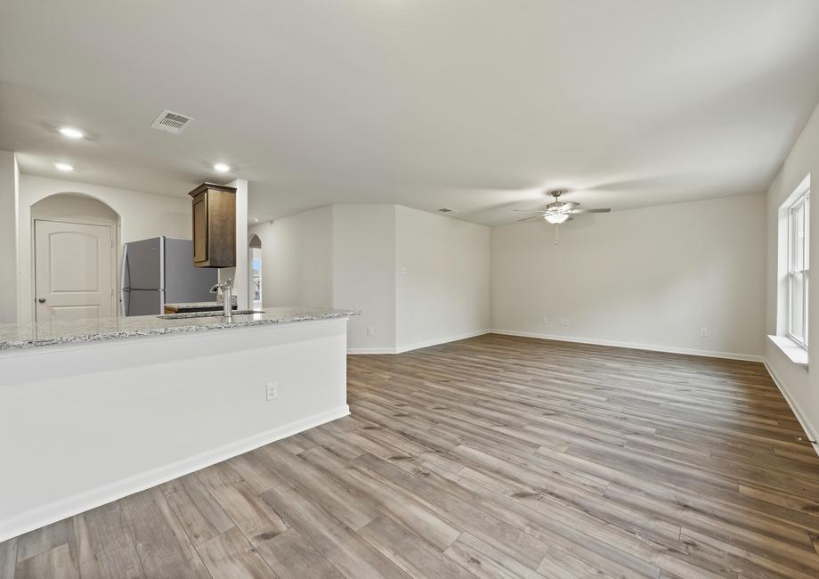 The family room of the Rio Grande sits right next to the kitchen and dining room.