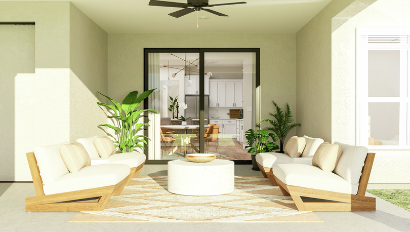 Rendering showcasing four large outdoor
  chairs in front of an expansive backyard. There is also a circular coffee
  table on a striped rug and three potted plants.