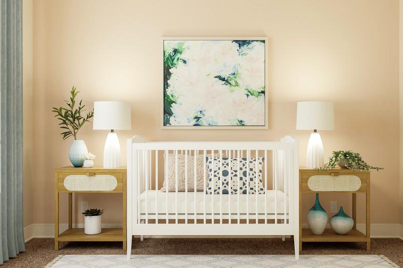 Rendering of a fourth bedroom converted
  into a nursery showing a white crib with matching nightstands with beige
  carpet flooring throughout.