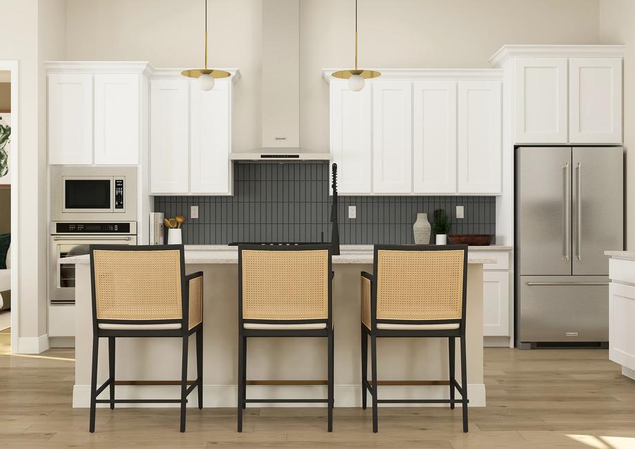 Rendering of the spacious kitchen in the
  Azalea plan. The room has luxury wood-look vinyl flooring, white cabinetry,
  stainless steel appliances and a vent hood.Â 