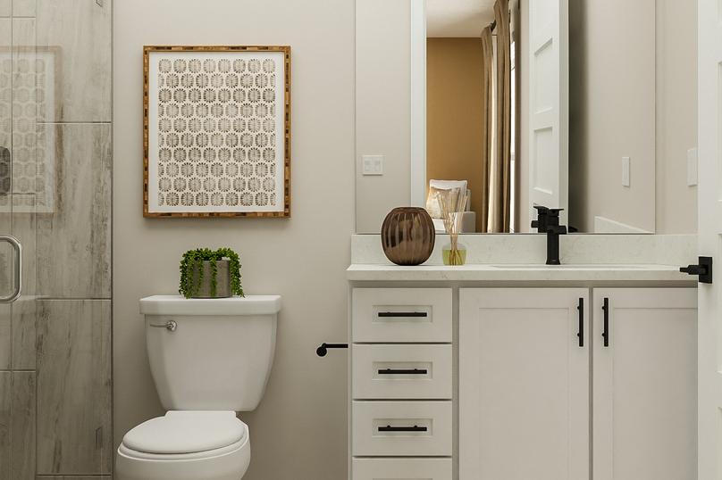 Rendering of a
  bathroom showing a while toilet, shower with glass door and a large vanity
  with quartz countertop.