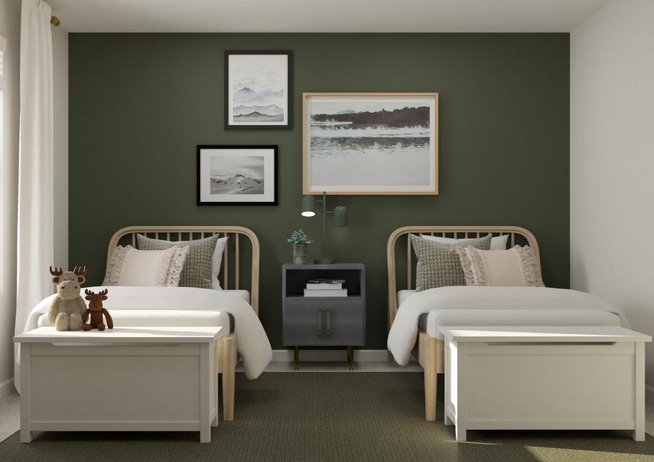 Rendering of a bedroom with two twin
  beds. Three photos of mountains hang above the beds and a nightstand sits
  between them.Â 