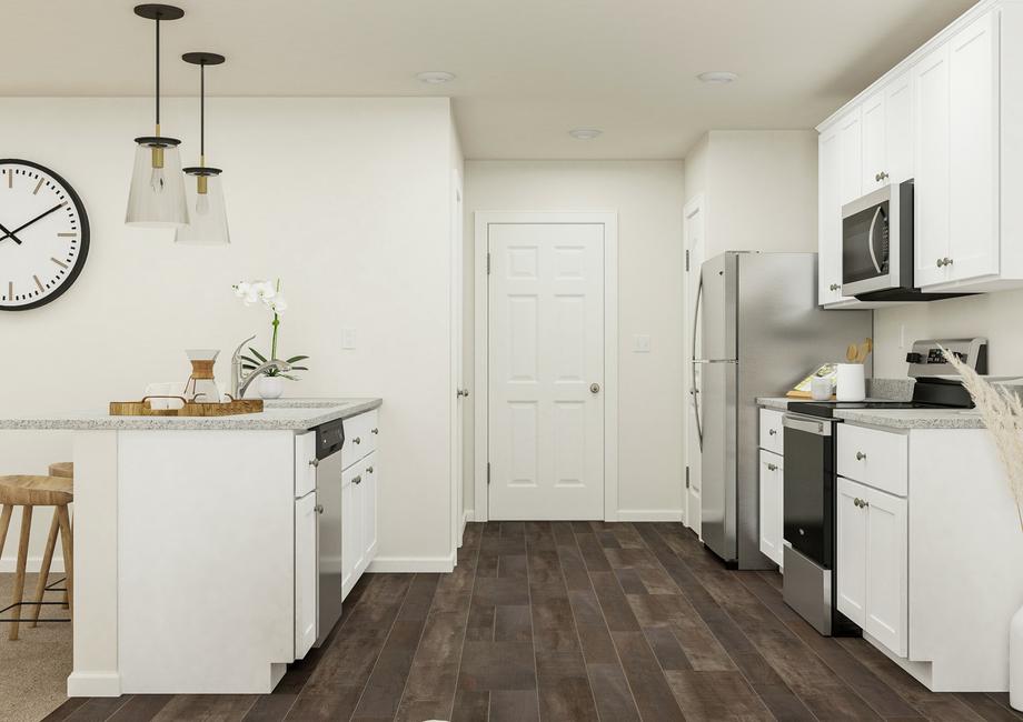 Rendering of the kitchen with luxury
  vinyl plank flooring, white cabinetry, stainless steel Whirlpool brand
  appliances and granite countertops.