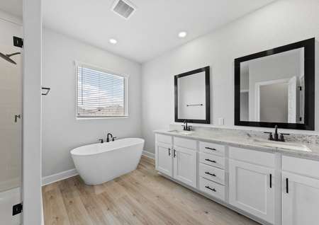 Master bathroom with double sink countertop and white cabinets. 