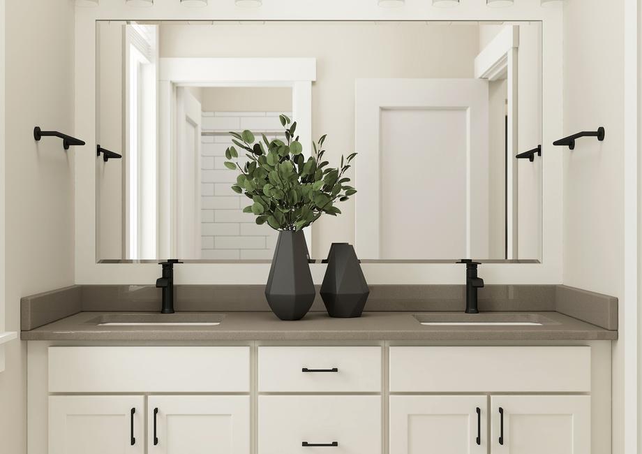 Rendering of bathroom highlighting a
  double-sink vanity with white cabinetry.