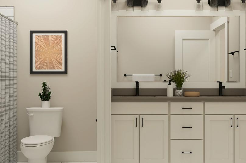 Rendering of bathroom with a double sink
  vanity. The toilet and bathtub can be seen next to the vanity.Â 