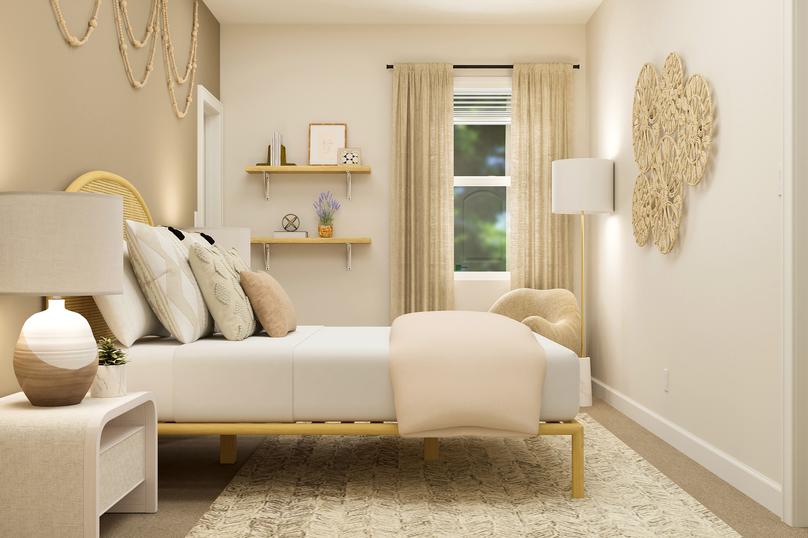 Rendering of a bedroom looking towards
  the window. A bed, nightstand and armchair furnish the room. Floating shelves
  hang on the wall.