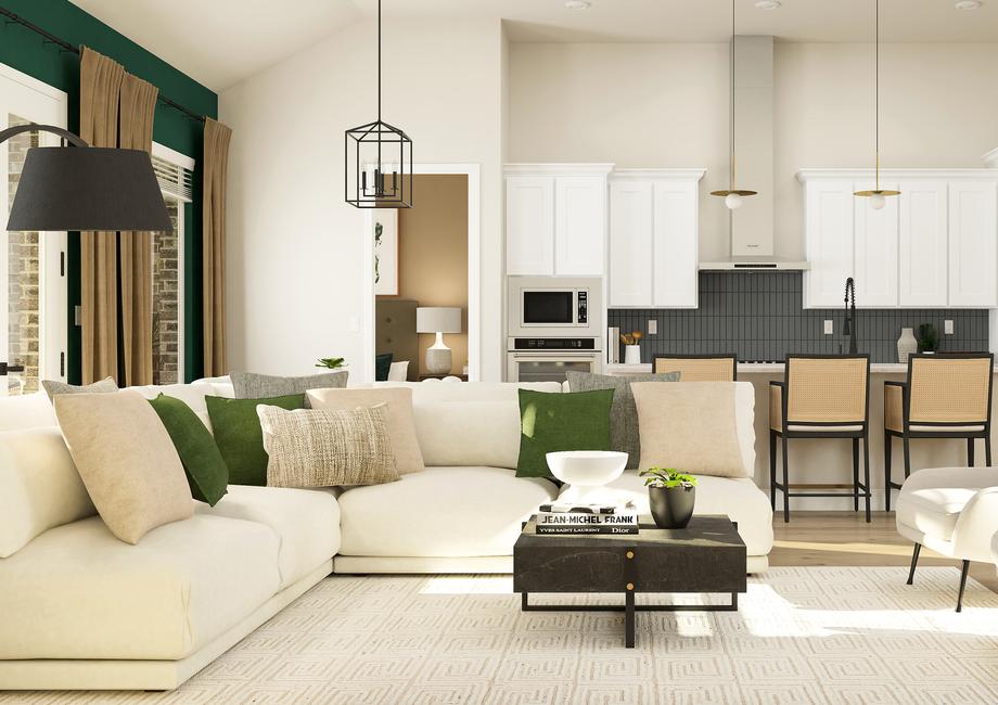 Rendering of the open floor plan in the
  Azalea showcasing the open flow from the kitchen to the living room.Â 