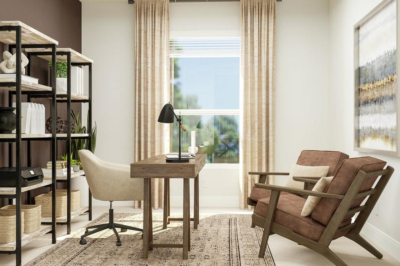 Rendering of the flex room that has been
  converted into an office with desk and swivel chair in front of two large,
  open bookcases. Two armchairs sit alongside an impressive painting next to a
  window.