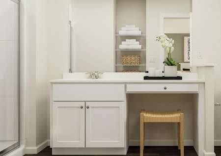 Rendering of the master bath looking
  towards the sink with white cabinetry and a makeup vanity. The shower and
  toilet are visible on either side and linen storage is reflected in the
  mirror.