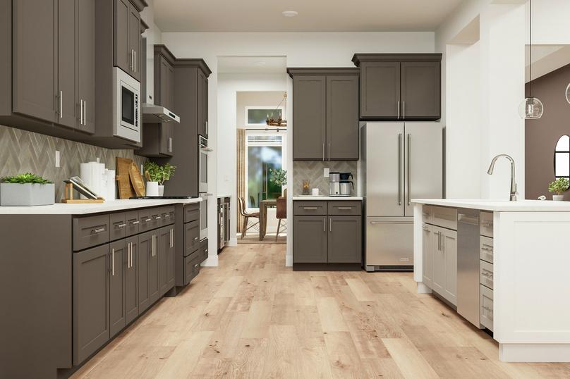 Rendering of the expansive kitchen with
  quartz countertops, double ovens, coffee corner and island lit by two handing
  pendant lights.
