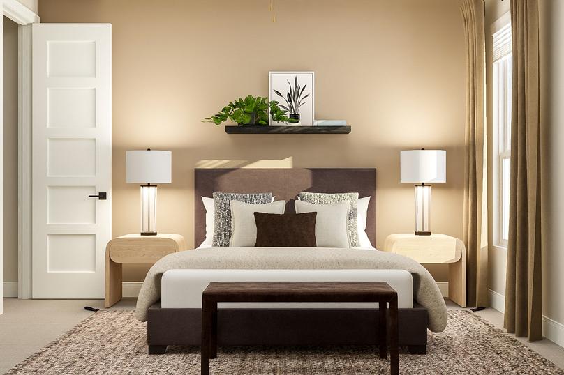 Rendering of the third bedroom with a
  yelllow accent wall, cream carpeting and large window. It is furnished with a
  large wood bed, two nightstands and geometric pattern rug.Â 