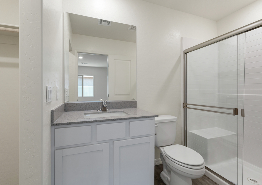 The master bathroom of the Aspen has a spacious vanity space and glass, walk-in shower.