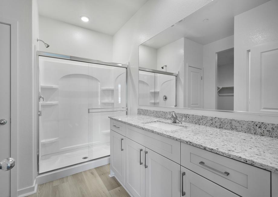 The master bathroom has a large vanity and step in shower.