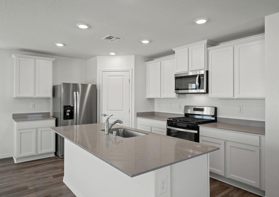 The chef ready kitchen has stainless steel appliances and plank flooring. 