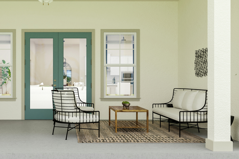 Rendering of backyard patio showing a
  built in grill and sink along the left side and outdoor furniture sitting
  below a ceiling fan.