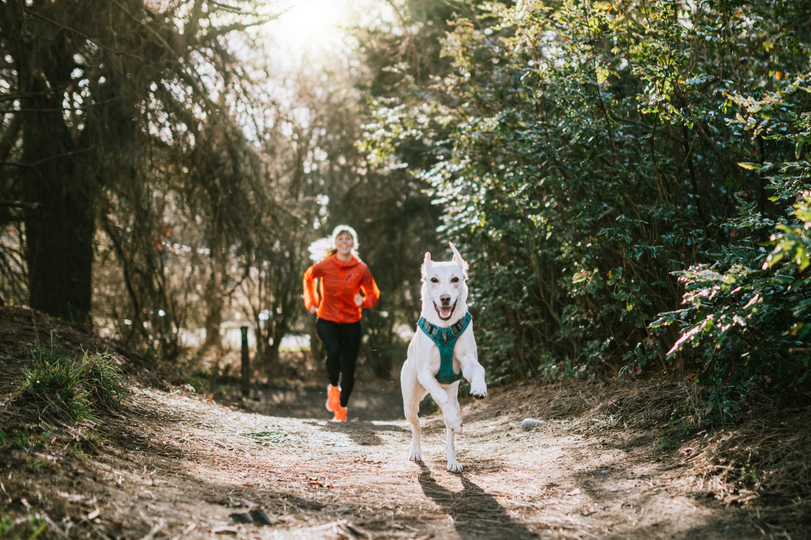 Woman running with dog.