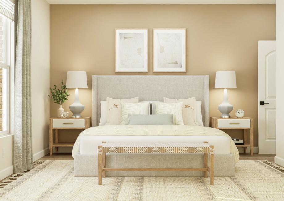 Rendering of the spacious master bedroom
  with large window and wood-style vinyl plank flooring. The room is furnished
  with a king bed, two nightstands, a bench and a rug.