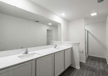 The master bathroom has a spacious double-sink vanity
