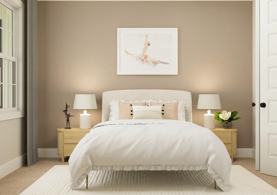 Rendering of bedroom with a large bed and
  two nightstands. This room also has a large window.