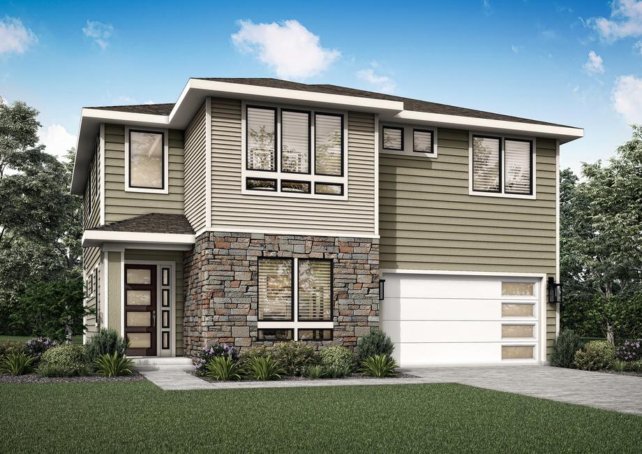 Two-story Cappuccino elevation rendering with stone accents.