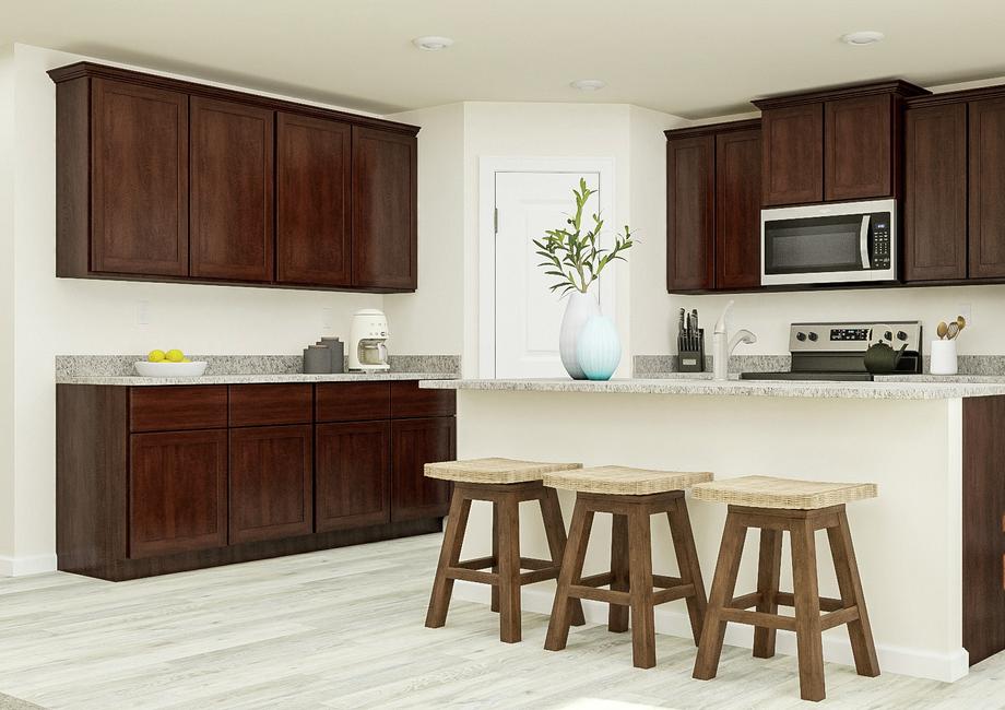 Rendering of the kitchen in the Hennepin
  with brown cabinets, granite countertops, stainless steel appliances and a
  large island with three barstools.