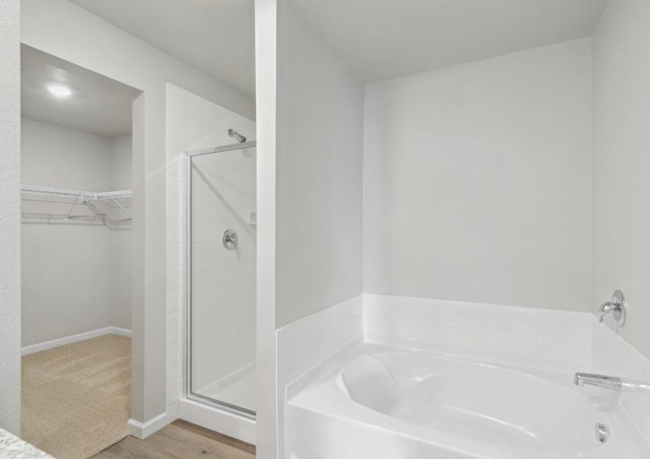 The master bathroom of the Rio Grande has a garden tub and glass walk-in shower.