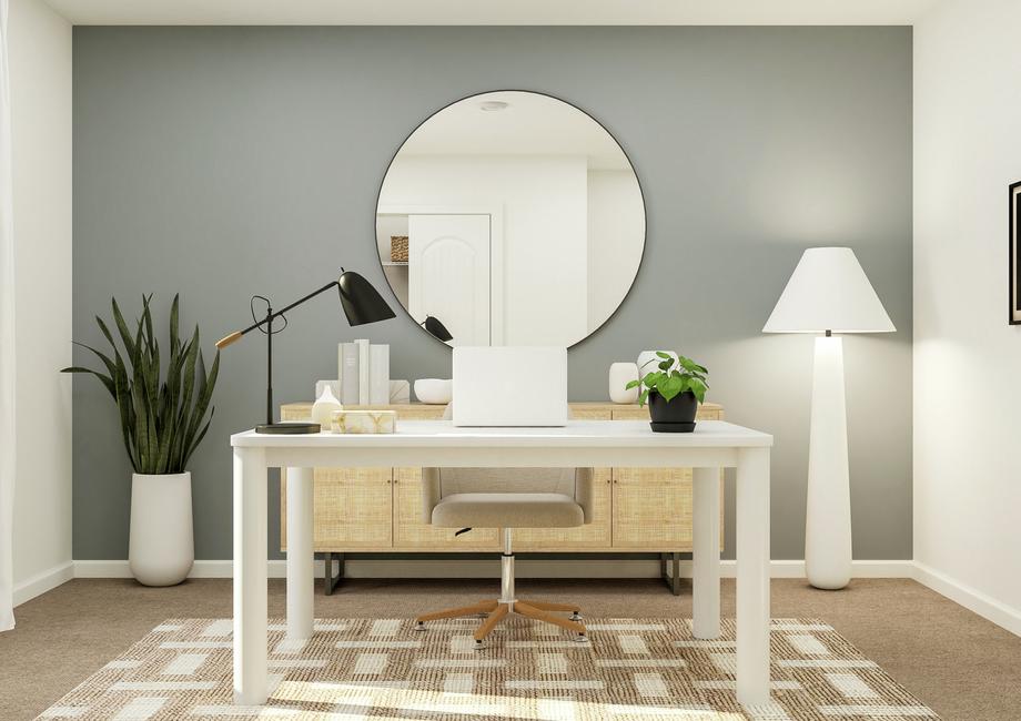 Rendering of a home office, facing
  towards the desk. Behind the desk is a storage cabinet and large round
  mirror.