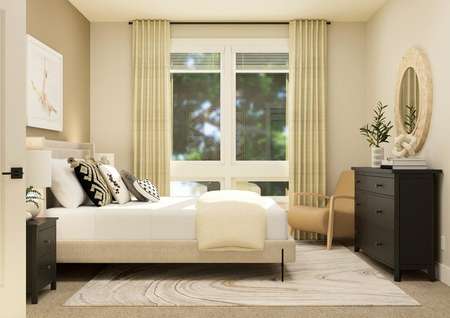 Rendering of a bedroom furnished with a
  large white bed and a dark dresser. This room also has a large window and and
  rug. 