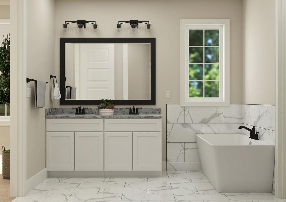 Rendering of master bathroom showing the
  double-sink vanity next to a large white soaking tub.Â 