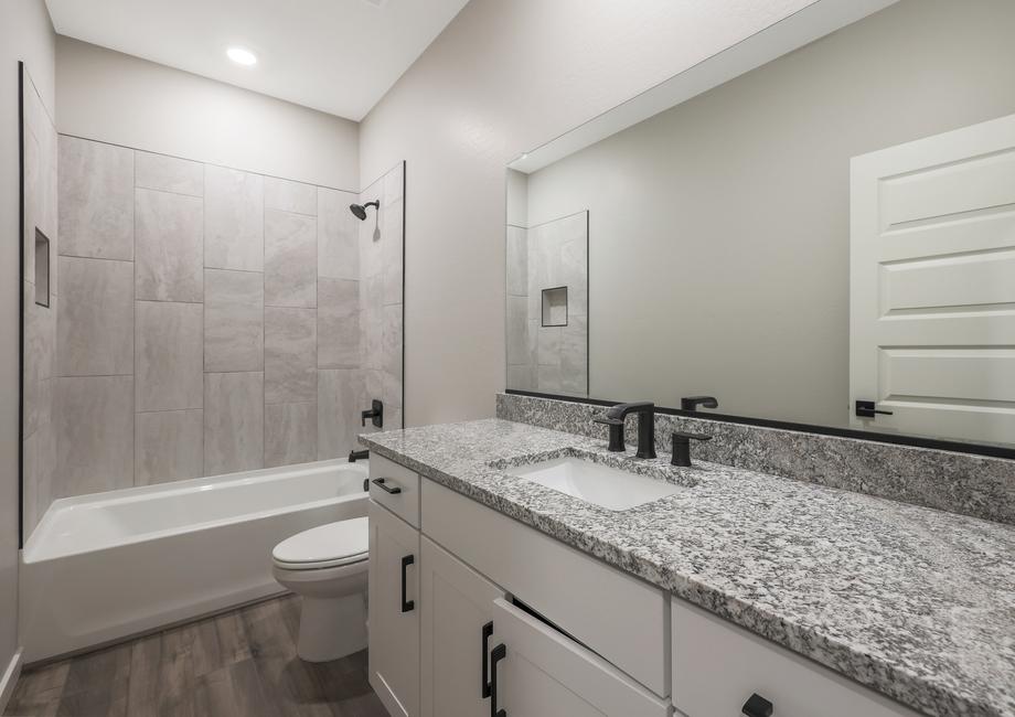 Secondary bathroom with a dual shower and tub with designer finishes.