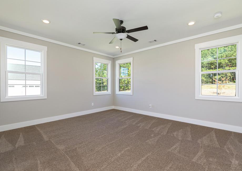 Master bedroom with windows and carpet.