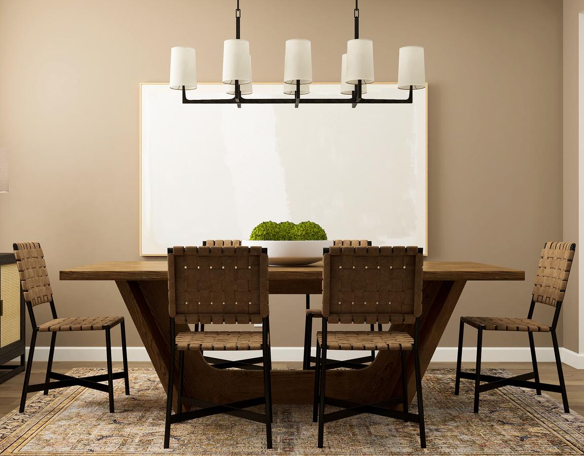 Rendering of a dining room highlighting
  the six-person table with large chandelier. The room has wood-look flooring.