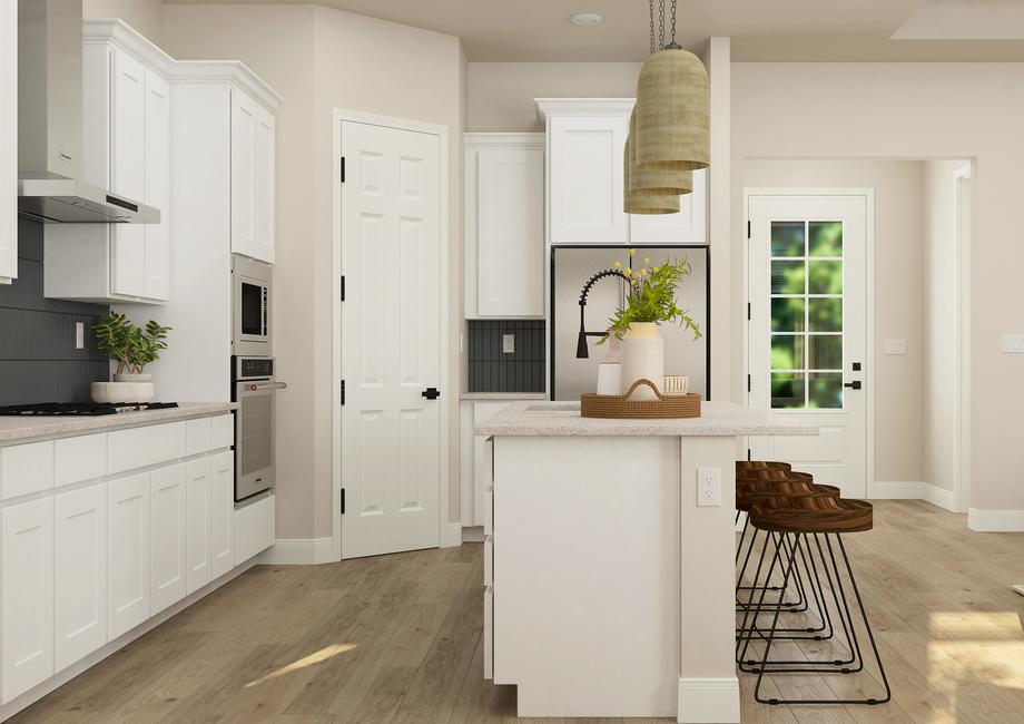 Rendering of the kitchen with white
  cabinetry, granite counters, tile backsplash and stainless steel appliances.